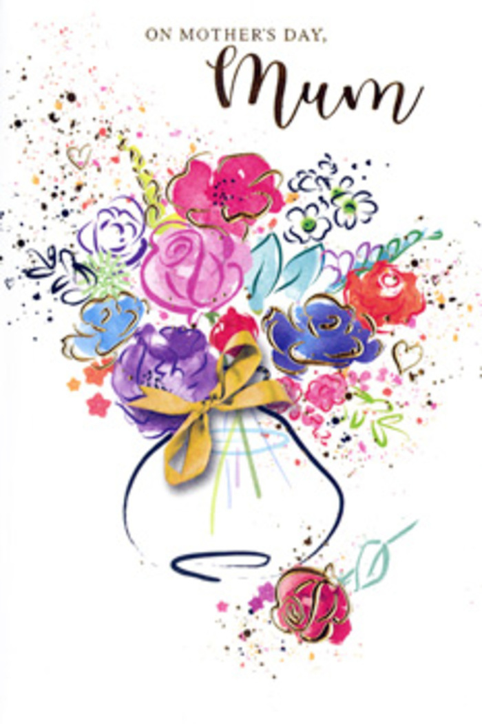 The Mother's Day card illustration captures a lush, semi-abstract bouquet, painted with the kind of expressive energy you might see on an artist's easel overlooking Watford's bustling Market Street. Sweeps of hot pink, rich cerise and velvety purple blossoms cluster together in the heart of the design, each bloom edged with deep indigo lines that give the impression of delicate yet resilient petals. These richly coloured flowers are softened by airy blue and lilac accents, while hints of apricot, peach and lemon yellow peek through, much like mixed borders in a spring garden off Hempstead Road. Fine strokes and tiny flecks of gold ink contour petals and leaves, adding a quiet shimmer, as if the bouquet were catching the first glint of morning light after an early flower delivery. Surrounding the bouquet, playful splatters of colour and gentle heart motifs pepper the white background, suggesting both celebration and intimacy-moments of laughter, shared stories, and the quiet pride of being a mother. The arrangement is gathered into a graceful vase with flowing, hand-drawn lines, its base tied with an elegant golden bow that recalls the finishing touch on a hand-tied gift from a trusted local florist. Though the composition appears spontaneous, every shade and stroke feels intentional, echoing how Flower Delivery Watford thoughtfully balances colour harmony and emotional meaning in their Mother's Day arrangements. The result is an image that feels like a keepsake bouquet preserved on paper, radiating gratitude and deep affection toward mums across Watford, from Nascot Wood to West Watford.