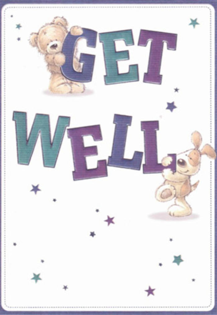 This charming get well card artwork brings to mind the delight of sending a joyful bouquet from Watford to someone on the mend. Set against a crisp, welcoming backdrop, a tender teddy bear-its fur softly shaded like fresh cream-and an energetic puppy with silky, floppy ears become instant messengers of care and hope. Both characters enthusiastically support the playful, oversized text that spells 'Get Well' in bold strokes of teal and deep purple, shades that recall Watford's own vibrant springtime displays. Around them, clusters of twinkling stars scatter across the card, each one tinged with blue and violet, suggesting tiny bursts of hope dancing through the air on a gentle Watford morning. The bear, gently draped over the upper letters, and the puppy, nuzzling the base, seem as though they're infusing the message with their own heartfelt warmth, much like a local florist artfully placing each bloom for maximum comfort. The tactile depiction-the visible softness of their fur, the thick, painterly lines-adds a layer of tangible reassurance, transforming a simple note into something almost embraceable. Pairing this card with a bouquet from Flower Delivery Watford is the sort of gesture that fills recovery rooms and hospital wards with positivity and reminds loved ones that healing can be a little brighter with the right blend of care and creativity.